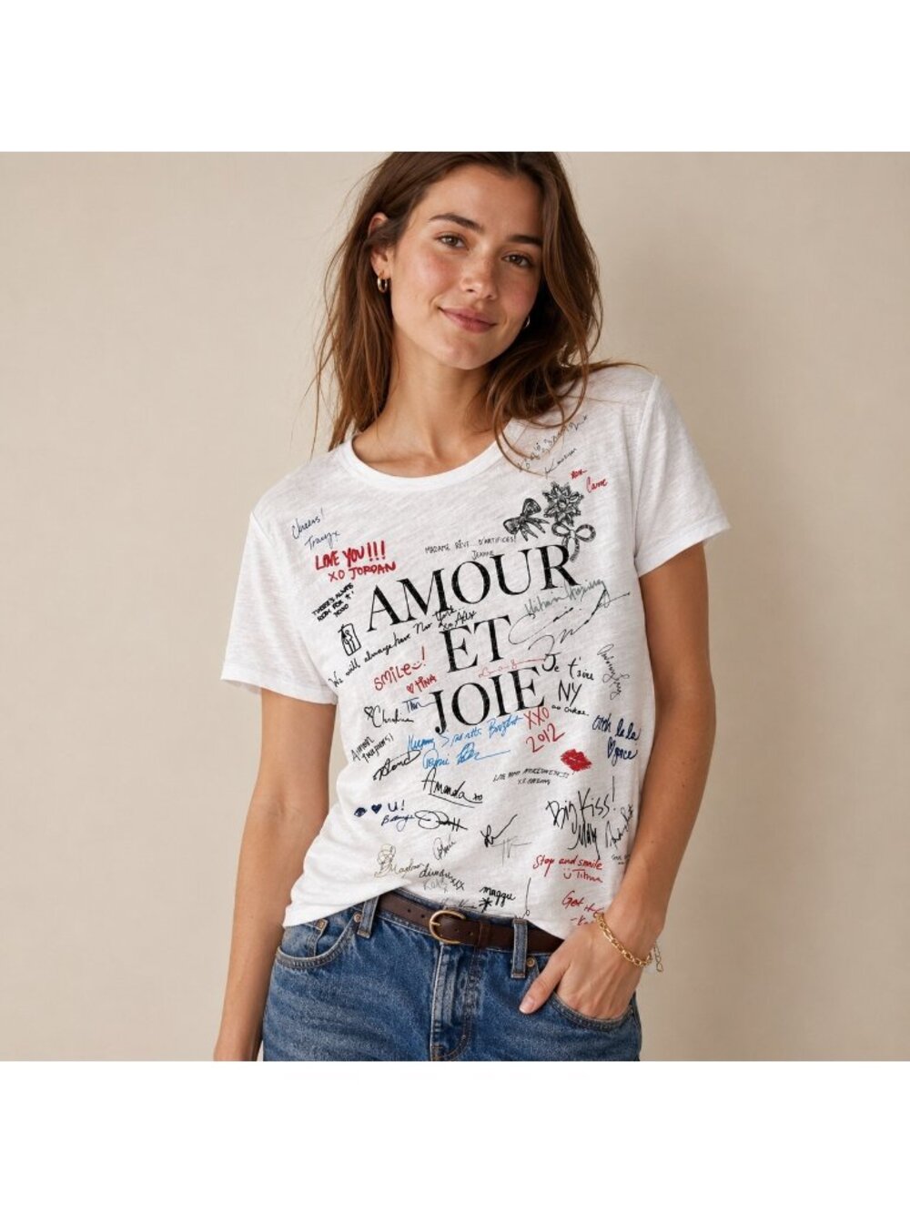 J.Crew Amour Et Joie Graphic Signature Tee White 100% Cotton Size M